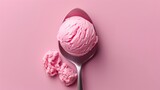 Fototapeta  - Top view of a pink strawberry ice cream ball in a spoon
