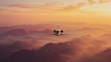Fototapeta  - Private jet or plane flying over clouds during sunset, orange sky, business travel and tourism concept