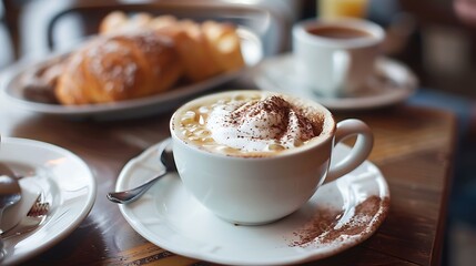 close up view of a cappuccino coffee served for breakfast on a cafe table