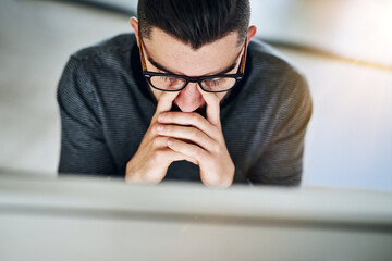 Poster - Businessman, eye strain and tired for stress in office with burnout, headache and overworked by desk with top view. Professional, employee and discomfort from glasses with work deadline or frustrated