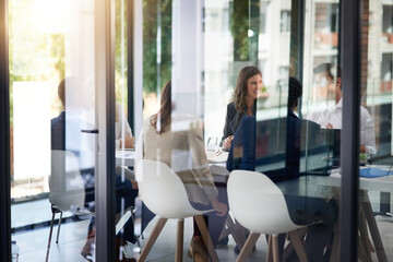 Aufkleber - Teamwork, meeting and business people in office for talking, discussion and conversation for ideas. Professional, corporate and people in modern workplace for planning, communication or collaboration
