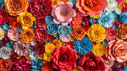 Wall Mural - A colorful paper craft flower bouquet. 3d rendering, Rose, daisy, dahlia, and others, floral botanical wallpaper. The scene is cheerful and vibrant