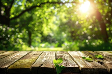 Sticker - Table Outside. Wooden table in lush forest setting with green leaves backdrop