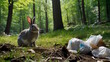Forest garbage, hare looking for a garbage, environmental pollution, protecting the forest from garbage, ecology concept