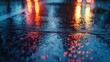 A close-up of wet asphalt reflecting street lights on a rainy night, focusing on the texture and reflections. 