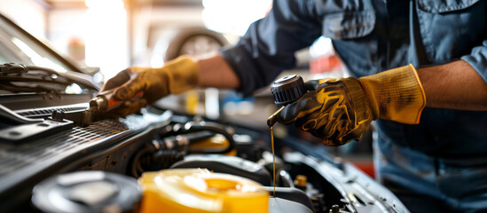 an image of a mechanic performing maintenance on a car in an auto repair shop, changing oil, checkin