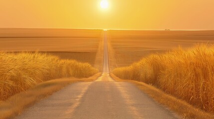 Wall Mural - A country road during the golden hour, surrounded by fields of golden wheat swaying in the breeze. 