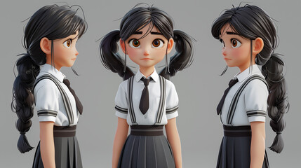 3d illustration featuring a female character in school uniform, presented from three different perspectives, frontal, side, and profile views