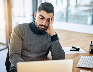 Aufkleber - Businessman, bored and stress with laptop in office for burnout, boring job and overworked by workspace. Professional, employee and headache from work deadline with migraine, fatigue and frustrated