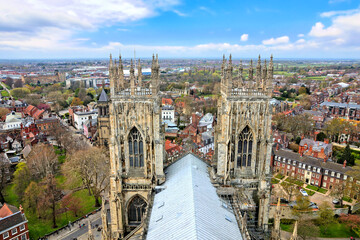 Wall Mural - City of York, England from atop York Minster. Above view through the historic church spires during spring.