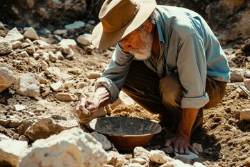 Old man with a hat examines a stone while gold panning in a rocky creek