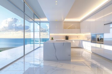 Wall Mural - A large kitchen with a white island and a view of the ocean