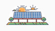 Stylized vector line art illustration of solar panels against a sun backdrop, representing sustainable photovoltaic energy generation