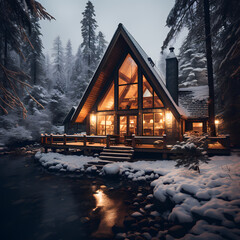 Wall Mural - A cozy cabin in the snowy mountains. 