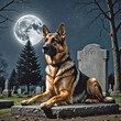A German Shepherd dog sits vigilantly on a gravestone in a cemetery at night under the glow of a full moon