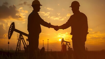 Silhouette of two engineers handshaking and making corporate contract outside in front of oil pump. People in helmets working in field at the oil