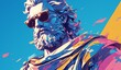 A colorful statue of the Greek god Zeus wearing sunglasses against a blue background, with pink and yellow stripes. The statue is in the style of pop art.