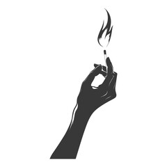 Silhouette hand holding burning match black color only