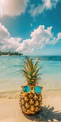 Wall Mural - Funny Pineapple on Beach with Blue Ocean Background. Perfect for a Turquoise and Citrus Honeymoon