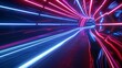 A neon lit tunnel with streaks of blue and pink light creates a cybernetic vibe
