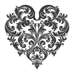 Silhouette Hearth shape Baroque ornament with filigree floral element black color only