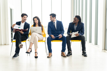 Wall Mural - Businesswoman and Businessman Sitting in Office, Discussing Employment Opportunities and Career Prospects in a Professional Corporate Meeting, Focusing on Recruitment and Hiring Strategies