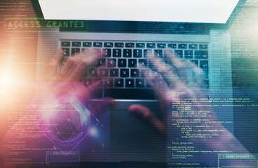 Poster - Hands, holographic and man with laptop, hacker and coding with internet, system and keyboard. Person, programmer and guy with computer, overlay and cyber security with access and software update