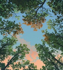 Canvas Print - Looking up, the image captures the colorful canopy of trees with the sky peeking through autumn leaves