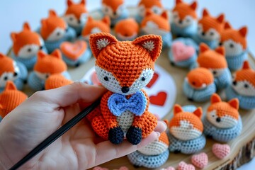 Wall Mural - amigurumi crochet baby fox, hobby knitting concept, handmade toy wallpaper, creative workshop banner, diy present