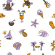 Summer set of objects, seamless pattern, beach illustrations. Vector doodles, rough sketches