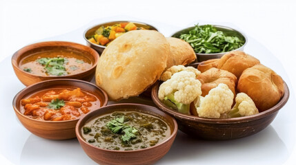 Wall Mural - Assorted Indian dishes in pottery bowls served with fluffy naan bread