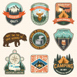 Set of Summer camp patches. Vector. Concept for shirt or logo, print, stamp, patch or tee. Stickers with trailer camper, can fish, bear, camping tent, forest, mountain.