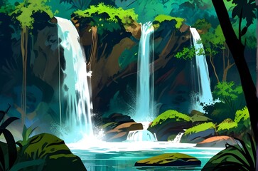 Wall Mural - Pure natural waterfall in tropical jungle, artistic painting style illustration with grunge brush stroke texture. illustration vector. Generative AI