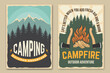 Set of camping retro posters. Vector illustration. Concept for shirt or logo, print, stamp, patch or tee. Vintage typography design with axe, campfire, forest and mountain silhouette.