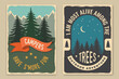 Set of camping retro posters. Vector illustration. Concept for shirt or logo, print, stamp, patch or tee. Vintage typography design with starry night sky, forest and mountain silhouette.