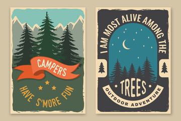 Wall Mural - Set of camping retro posters. Vector illustration. Concept for shirt or logo, print, stamp, patch or tee. Vintage typography design with starry night sky, forest and mountain silhouette.