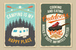 Set of camping retro posters. Vector illustration. Concept for shirt or logo, print, stamp, patch or tee. Vintage typography design with camper rv, steak in a pan, campfire, forest and mountain