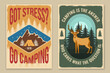 Set of camping retro posters. Vector illustration. Flyer, brochure, banner template design with travel inspirational quotes, landscape, deer, camping tent, forest and mountain silhouette.