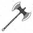 Double Axe Medieval Weapon. Vector illustration. Viking battle axe with national seamless ornament, vintage monochrome style.