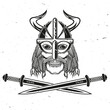 Skull Viking with Crossed battle sword. Vector illustration. For viking emblems, labels and logos. Monochrome style.