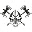 Skull Viking with Crossed Axe. Vector illustration. For viking emblems, labels and logos. Monochrome style.