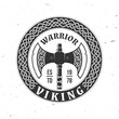 Viking warrior logo, badge, sticker. Vector illustration. For emblems, labels and patch. Double Axe Medieval Weapon, vintage monochrome style