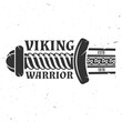 Viking warrior logo, badge, sticker. Vector illustration. For emblems, labels and patch. Viking battle sword, vintage monochrome style