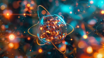 Atom, structure and research, atomic structure, 3D illustration of a nanostructured nucleus, Digitalization of science, Physics and high technology.