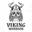 Viking warrior logo, badge, sticker. Vector illustration. For emblems, labels and patch. Monochrome style viking in helmet.