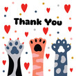 Thank you card template. Cute cat paws card.Vector illustration.