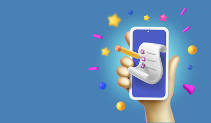 Fototapete - Online testing and assessment, Hand holding mobile smart phone with сheck list app. To do list, time management