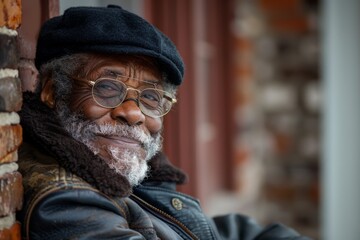 An elderly African American man wearing glasses and a stylish beret smiles warmly while sitting by a brick wall, exuding charm and wisdom.