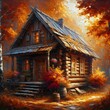 Rustic, wooden cabin, enveloped by autumn foliage, oil painting