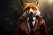 A cute of a red fox in a detectives trench coat, sleuthing through a misty forest, portrait with futuristic styles